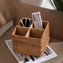 Wicker Storage Basket - Hand-Woven Desktop Organizer with 4 Compartments