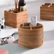 Wicker Storage Basket - Hand-Woven Desktop Organizer with 4 Compartments
