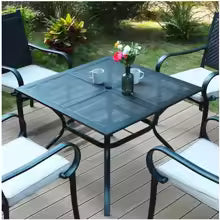 Outdoor Patio Dining Table - Black Metal Square Table with Umbrella Hole