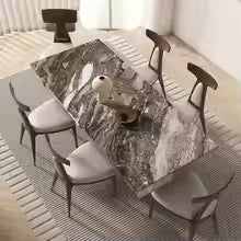 Marble Dining Table Set - Wabi-Sabi Minimalist Design with Metal Base